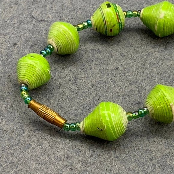 Green Rolled Paper Necklace Blue Iridescent Seed Bead - Picture 7 of 7